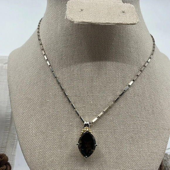 🖤 Silver and Gold Vintage Smoky Quartz Pendant Necklace 16" - Picture 5 of 15